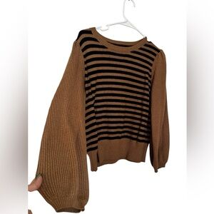 Who What Wear Black and Brown Striped Puff Sleeve Sweater